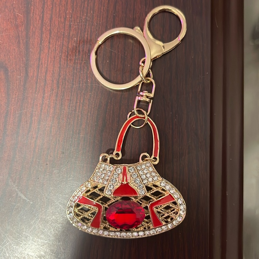 Bag Charm Key Chain Elegant Gold Handbag Keychain with Red beautiful stones